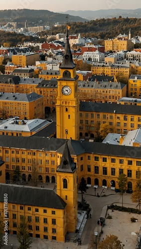 Yellow town hall and surrounding buildings.