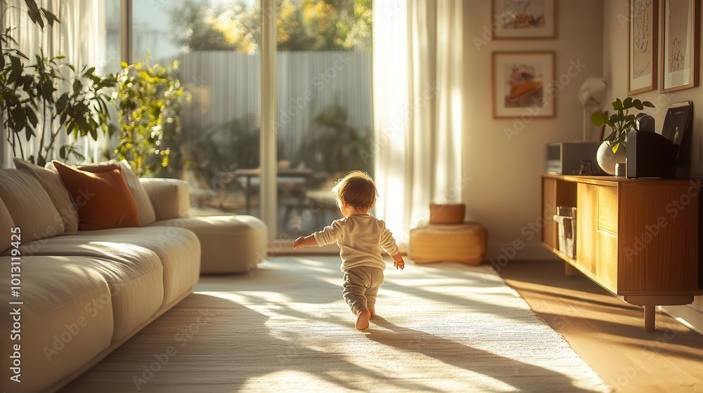 A joyful toddler exploring a sunlit living room, reflecting happiness and the warmth of home. A joyful toddler exploring a sunlit living room, reflecting happiness and the warmth of home.