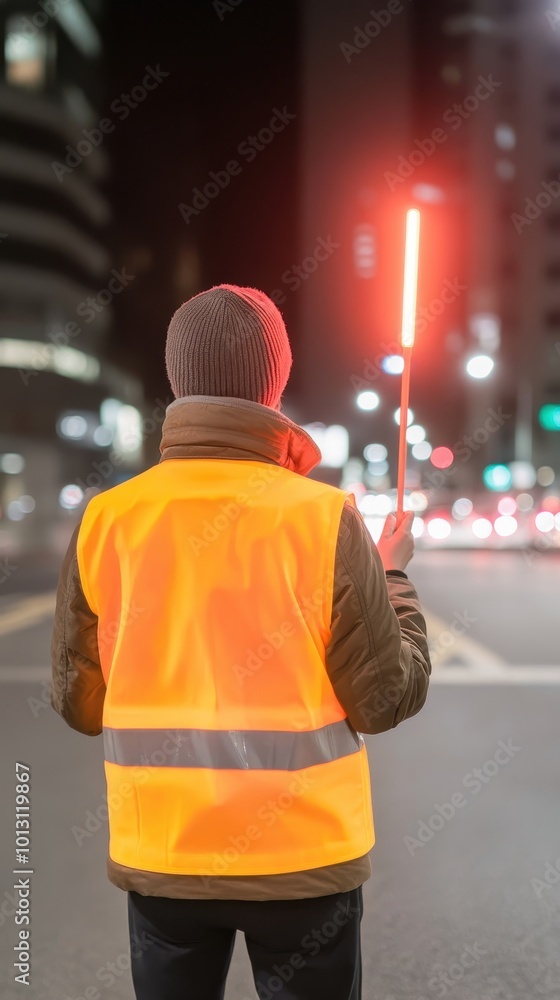 Person in High Visibility Vest Directing Traffic at Night Person in High Visibility Vest Directing Traffic at Night