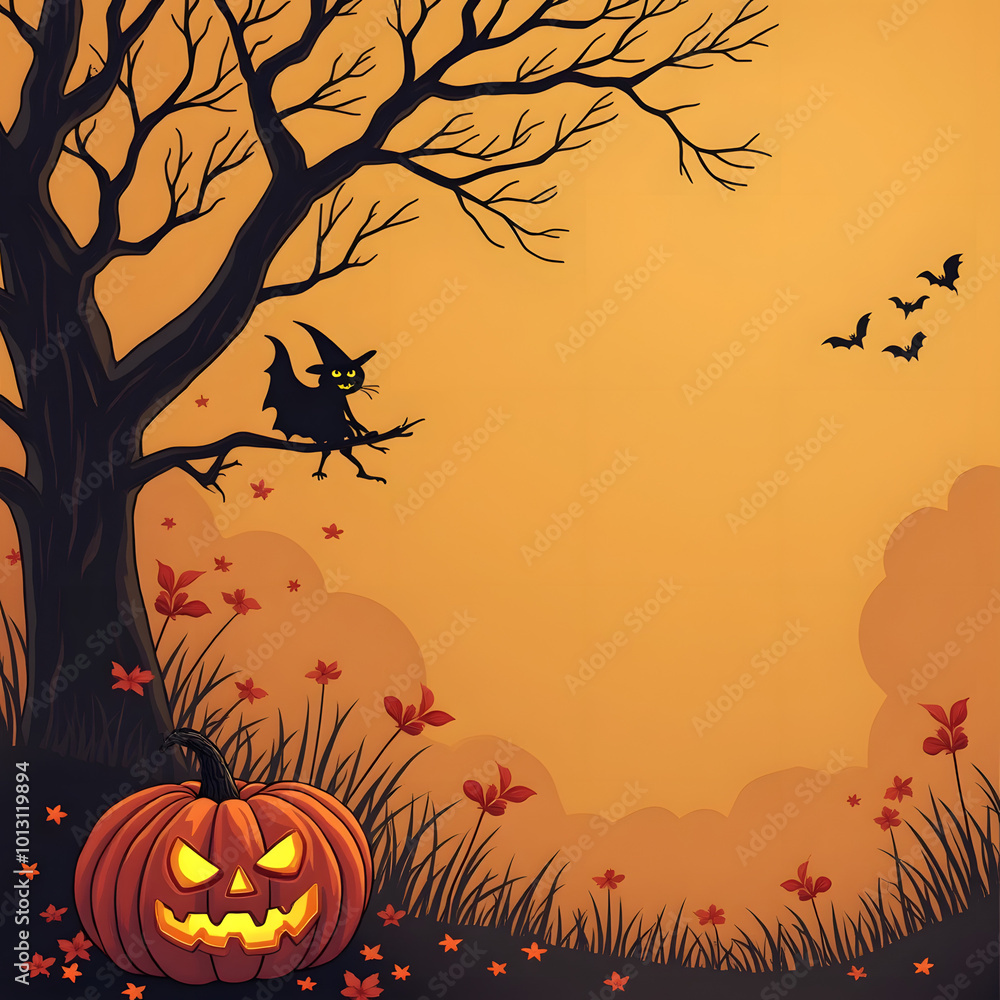 Spooky Halloween scene with carved pumpkin, bats, and a witch on a tree against an orange background with copy space
Spooky Halloween scene with carved pumpkin, bats, and a witch on a tree against an orange background with copy space