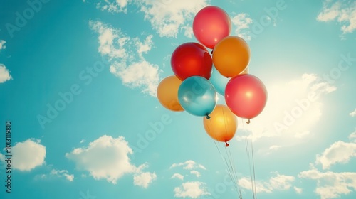 Vibrant balloons float against a clear blue sky, adding a joyful touch to any celebration or festive occasion. photo