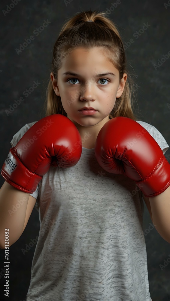 Young girl with red boxing gloves striking a determined pose. Young girl with red boxing gloves striking a determined pose.