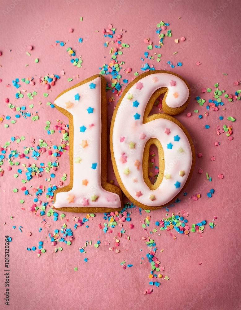 Decorated cookie, number 16, image for birthday or anniversary celebration Decorated cookie, number 16, image for birthday or anniversary celebration