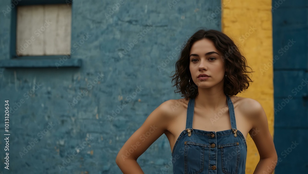 Young woman confidently posing against a blue and yellow wall. Young woman confidently posing against a blue and yellow wall.