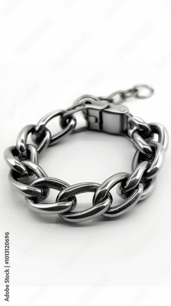 Naklejka premium Modern stainless steel bracelet, white background, 4K hyperrealistic photo