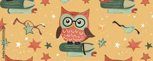 Cute owls with books, glasses, and stars on a cozy library background, flat, vector illustration, seamless pattern background design.