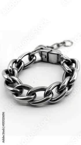 Modern stainless steel bracelet, white background, 4K hyperrealistic photo