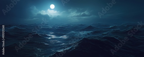 Moonlight reflecting off churning waves during a tempestuous night on the open sea, 4K hyperrealistic photo