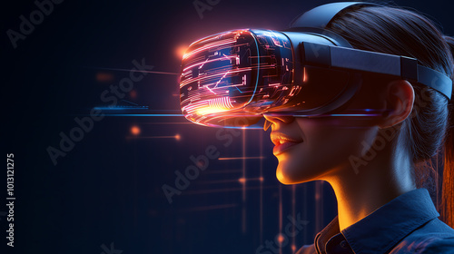 Woman wearing virtual reality headset  vivid futuristic background