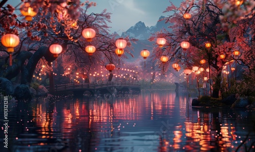 Lantern festival amidst cherry blossoms, 4K hyperrealistic photo photo