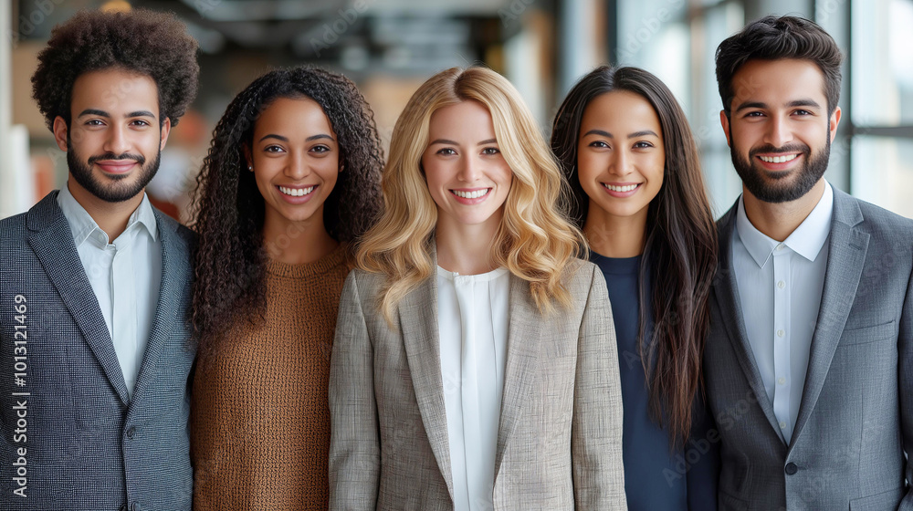 Diverse group of happy young professionals collaborating in a bright modern office environment. Diverse group of happy young professionals collaborating in a bright modern office environment.
