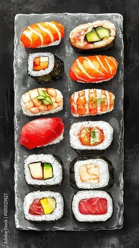 Set of Sushi Japanese food illustrations watercolor styles,Different kinds of sushi as rolls, maki, nigiri,salmon sushi on a stone Board,Japanese food collection,for menu japan concept.