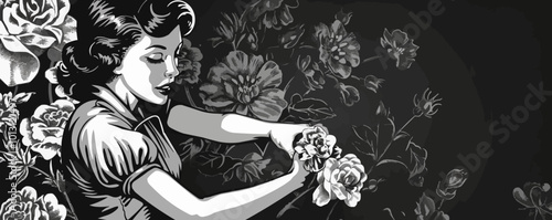 Cute pin-up florist in a vintage dress, arranging flowers, vector illustration, pin-up style, scratch board imitation, black and white image.