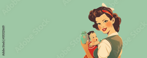 Cute pin-up babysitter in retro clothes, holding a baby bottle, flat, vector illustration, pin-up style.