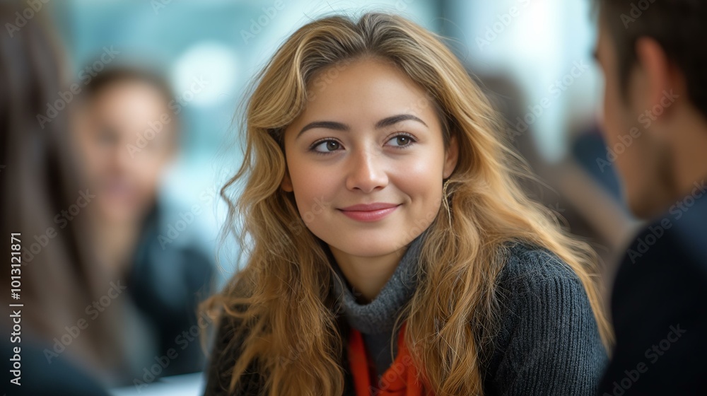 Fototapeta premium Portrait of a young businesswoman with colleagues in background at office