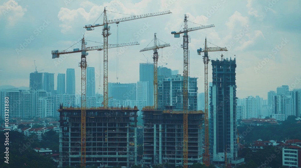 Dramatic Cityscape with Towering Cranes and Skyscrapers Under Construction Dramatic Cityscape with Towering Cranes and Skyscrapers Under Construction