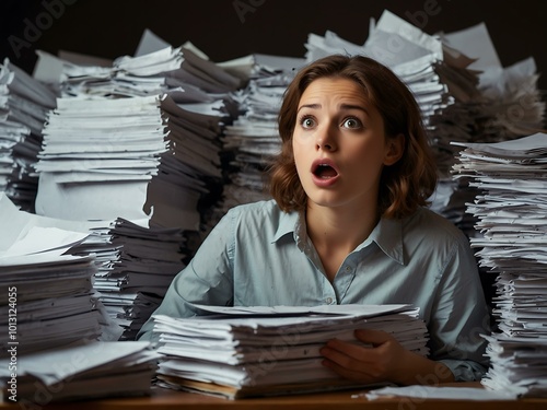 Young woman surprised by a pile of papers.