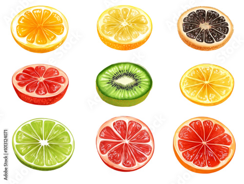 Fruit Slice Set, Different Fruit Slices, Vector Illustration, Isolated on White Background

