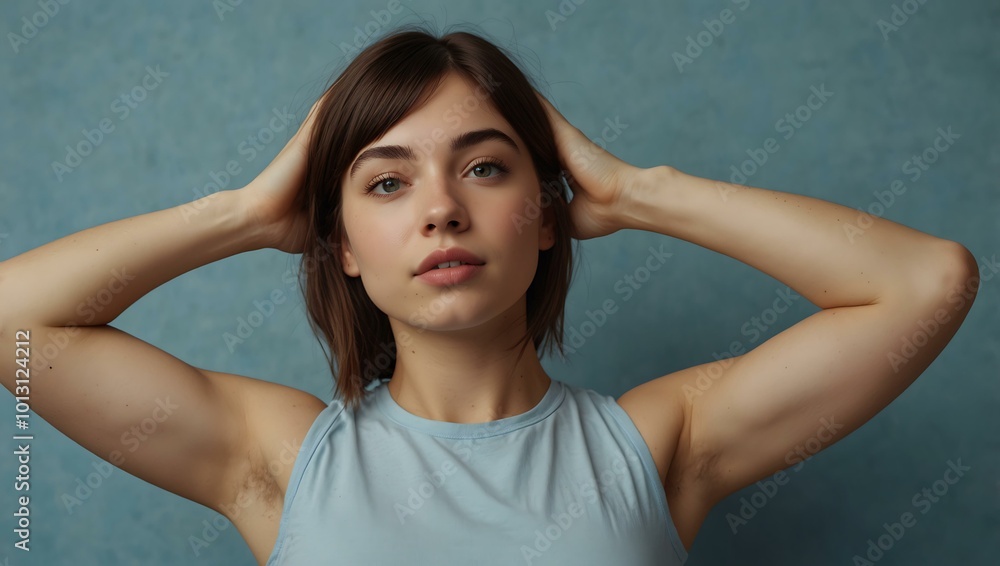 Young woman with arms behind her head against a light blue background. Young woman with arms behind her head against a light blue background.