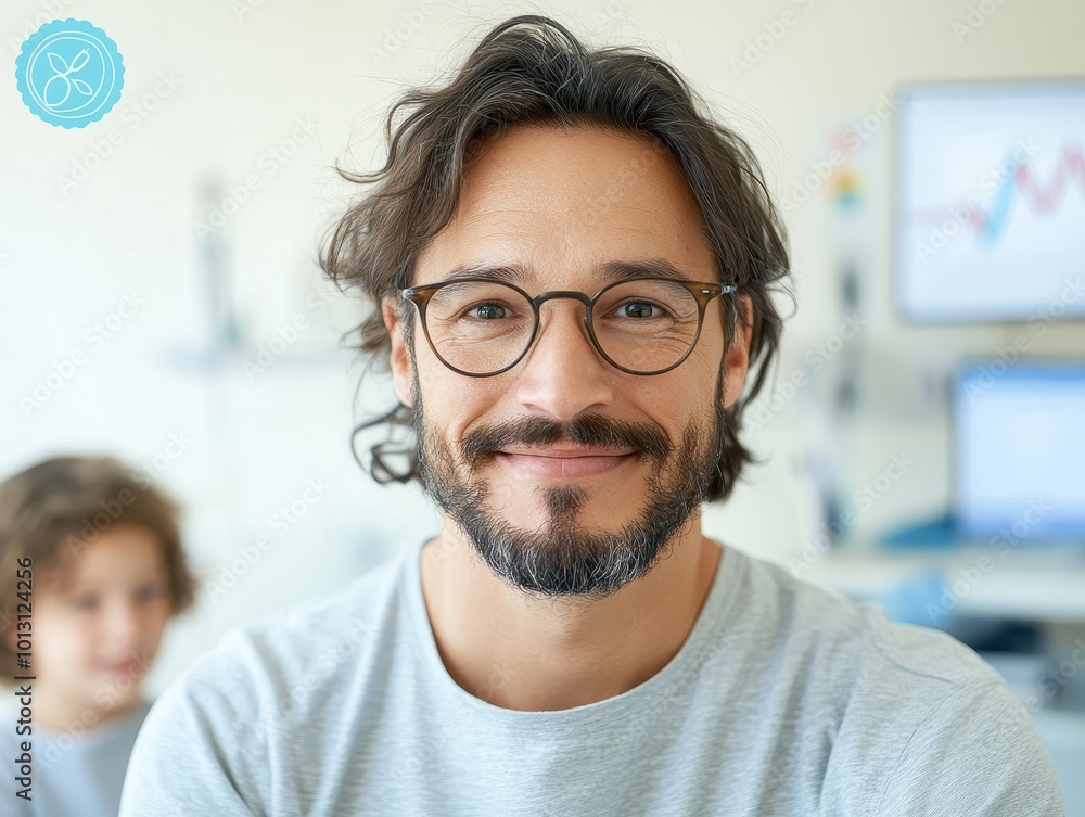Happy Doctor Wearing Glasses in a Bright Office Happy Doctor Wearing Glasses in a Bright Office