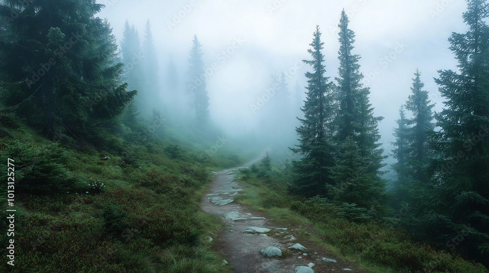 Mystical Forest Path Enveloped in Fog Mystical Forest Path Enveloped in Fog