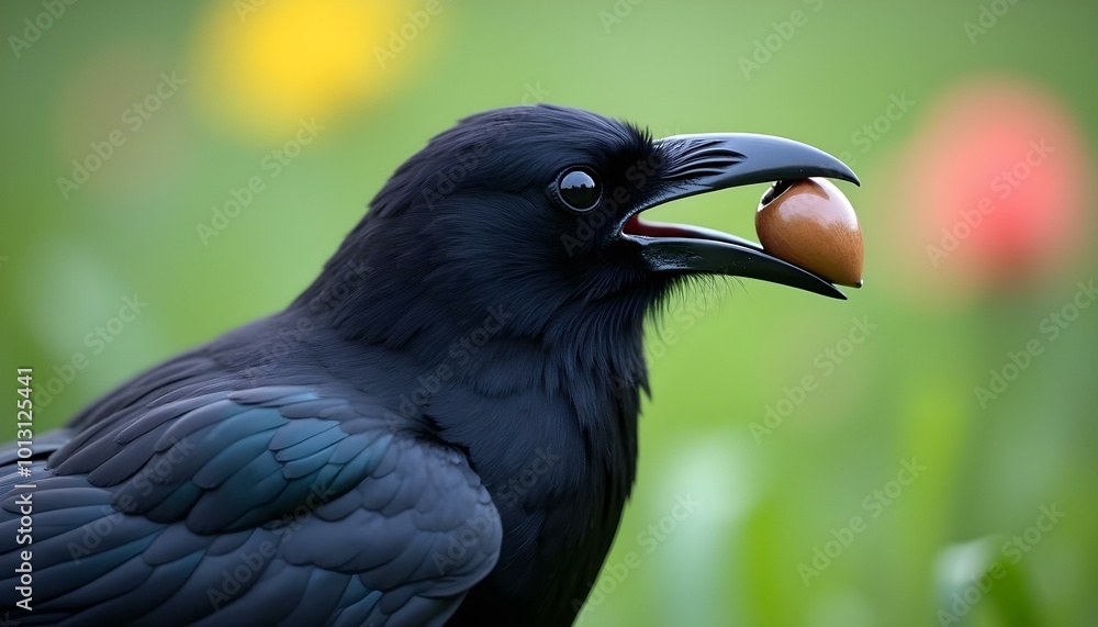 Wild Black Crow With Acorn in beak Raven Showcasing Feathers in a Natural Wildlife Setting Wild Black Crow With Acorn in beak Raven Showcasing Feathers in a Natural Wildlife Setting