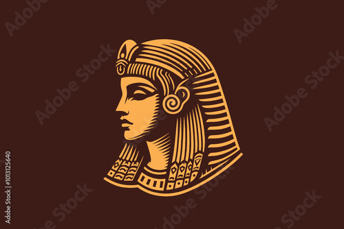 Beautiful Egyptian goddess pharaoh queen. Face, head. Vector engraving illustration, logo, emblem, sign