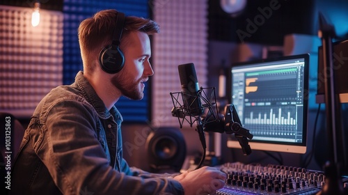 A podcaster in a studio setting speaks into a microphone while working on sound editing with a computer during an engaging session. Generative AI