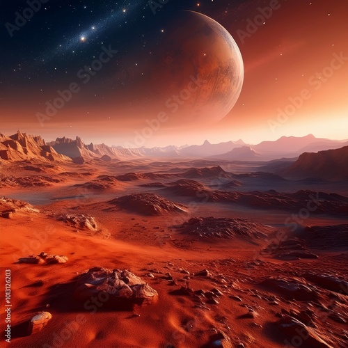 Wallpaper Mural Detailed Rendering of the Surface of Mars with Rocky Terrain and Starry Sky Torontodigital.ca
