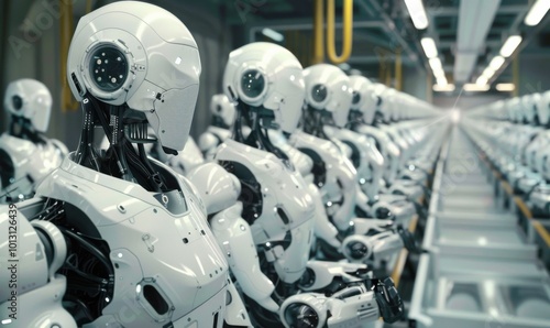 Futuristic robot assembly line, 4K hyperrealistic photo