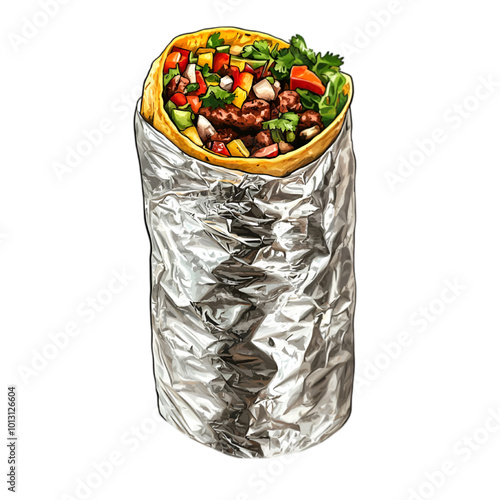 Burrito Wrapped in Foil, Vector Illustration, Isolated on White Background

