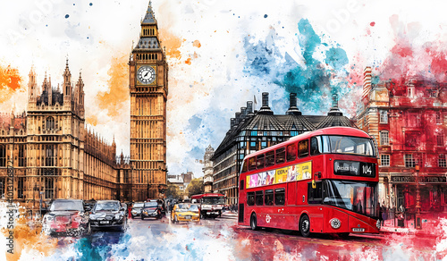 Big Ben and Westminster Abbey in London, UK. Double exposure design