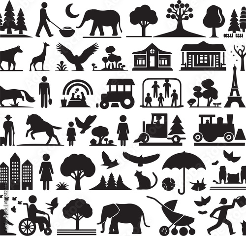 Set of farm life silhouette vector depicting agriculture and rural scenes. Includes barn, tractor, helicopter, cycle, cow, hors, crops, livestock, and family. 
Agriculture and farming black icons set