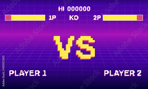 Fight retro game interface in blue style with yellow vs icon in pixel. Arcade nostalgic game