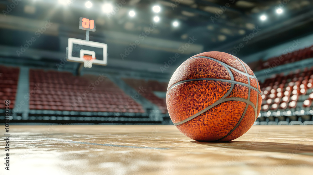 A basketball sits beautifully on a well-maintained court, surrounded by empty seating, capturing the spirit of competition and the quiet excitement of the game A basketball sits beautifully on a well-maintained court, surrounded by empty seating, capturing the spirit of competition and the quiet excitement of the game