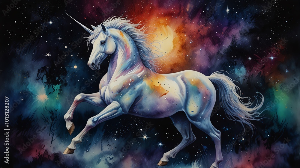 Magical white unicorn running in the starry sky. Magical white unicorn running in the starry sky.