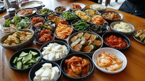 A beautifully arranged table featuring a variety of banchan (side dishes), including pickled vegetables, seasoned tofu, and small servings of kimchi, highlighting Korean dining culture.