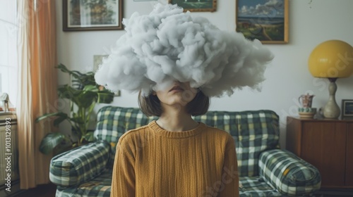 Abstract Portrait of Woman Lost in Clouds, Stylish Home Interior, Conceptual Photography