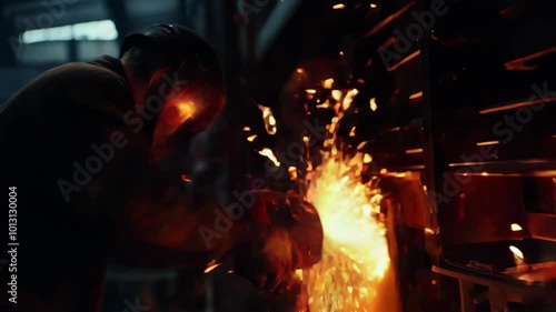 A man is diligently working in a factory, using an electric wheel grinder on a steel structure, showcasing the power of industrial craftsmanship.