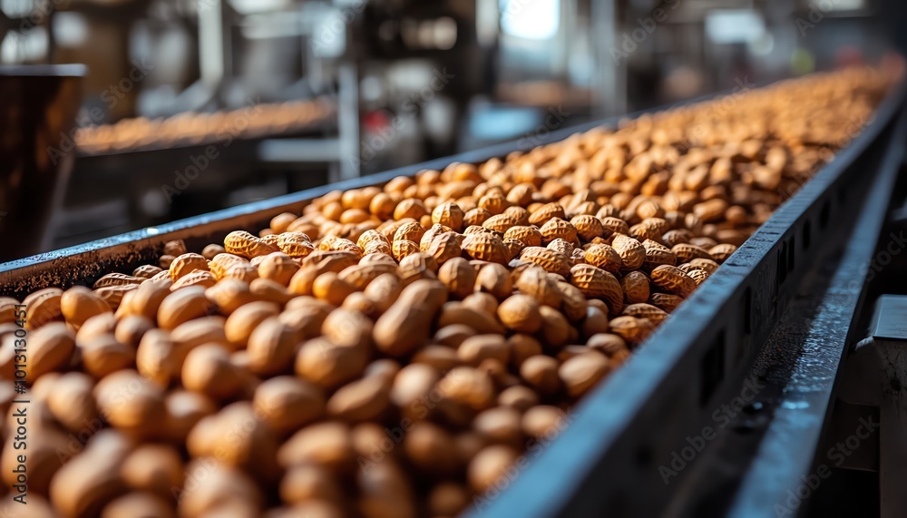 Conveyor belt filled with peanuts in a food processing plant, bright natural light, shallow depth of field to emphasize texture Conveyor belt filled with peanuts in a food processing plant, bright natural light, shallow depth of field to emphasize texture