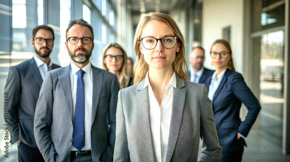 Business team stands confidently in a modern office environment, showcasing a professional demeanor and unity in their sleek attire Business team stands confidently in a modern office environment, showcasing a professional demeanor and unity in their sleek attire