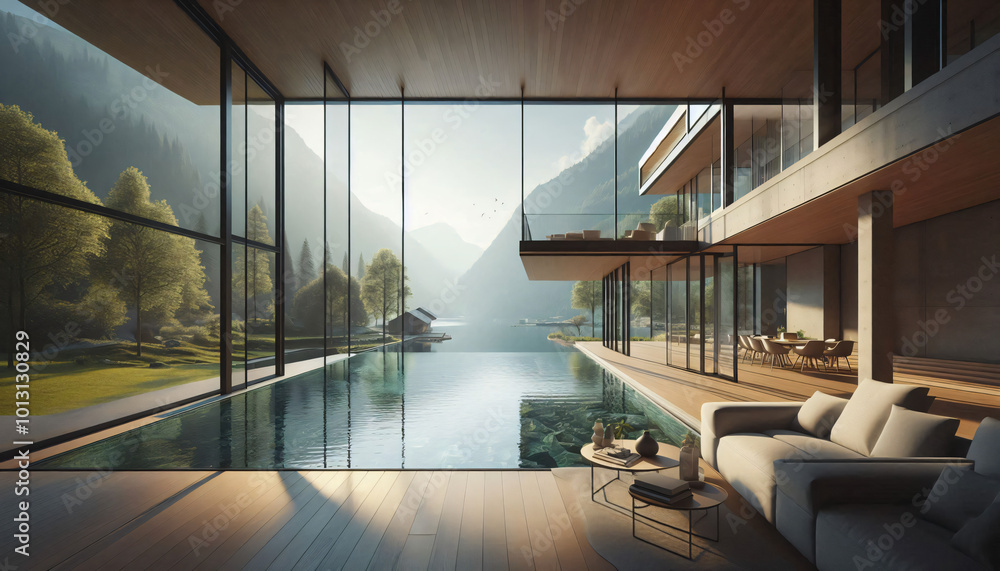 interior modern house next to waterfall perspective interior modern house next to waterfall perspective