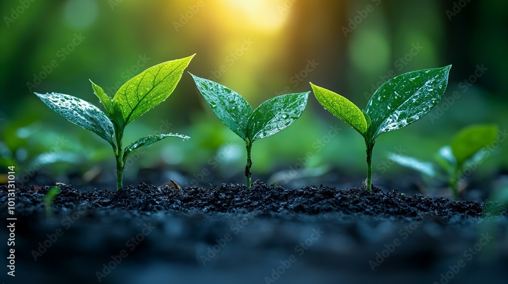 New seedlings sprouting in rich soil under soft sunlight in a lush green forest New seedlings sprouting in rich soil under soft sunlight in a lush green forest