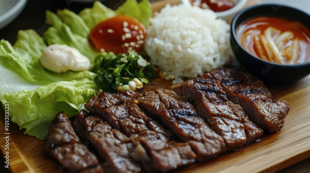 A close-up of a traditional Korean meal with bulgogi (marinated beef), grilled to perfection and served with rice, lettuce wraps, and a variety of sauces. A close-up of a traditional Korean meal with bulgogi (marinated beef), grilled to perfection and served with rice, lettuce wraps, and a variety of sauces.
