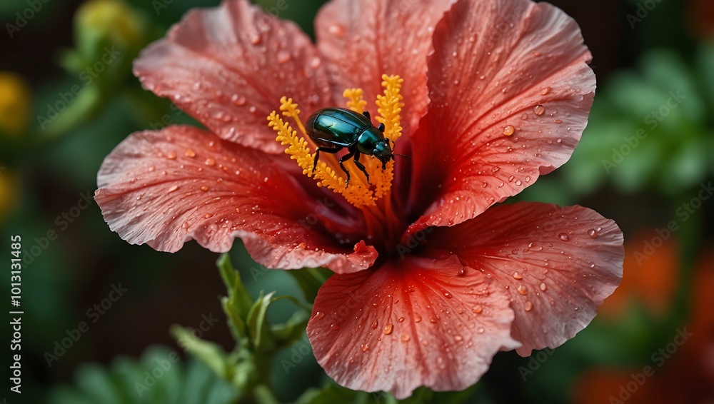 Vibrant beetle on a red hibiscus flower, showcasing nature's colorful contrast. Vibrant beetle on a red hibiscus flower, showcasing nature's colorful contrast.