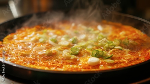 A close-up of a vibrant kimchi pancake being cooked on a hot griddle, showcasing the sizzling ingredients and delicious aroma.