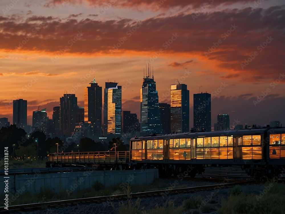 Vibrant cityscape at sunset, viewed from a train with illuminated reflections. Vibrant cityscape at sunset, viewed from a train with illuminated reflections.