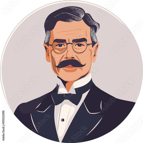 Distinguished gentleman in a classic tuxedo with a bow tie, flat portrait, vector illustration.