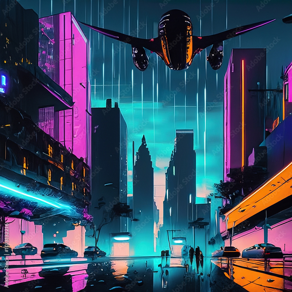 Φωτογραφία 未来の街、空飛ぶタクシー、ネオン、雨のリフレクション、人々、コミック風