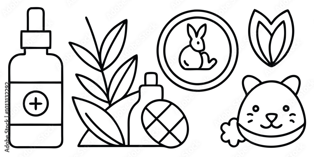 Fototapeta premium Hypoallergenic, cruelty-free, and dermatologically tested editable stroke outline icons set isolated on white background flat vector illustration.